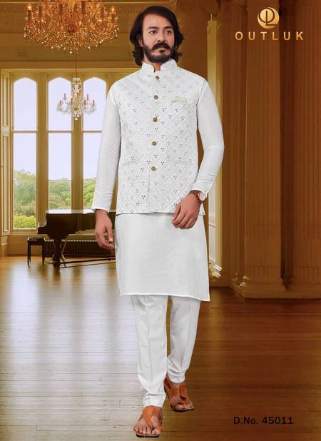 White Colour Party Wear Art Silk Jacquard Print Kurta Pajama With Jacket Mens Collection 45011